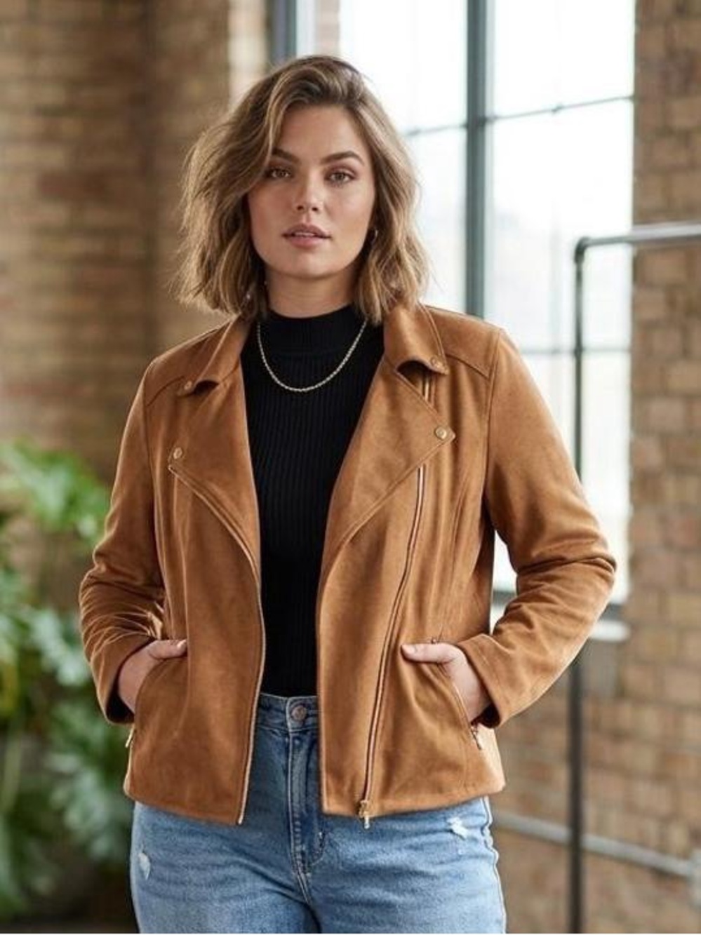Philosophy Suede Moto Jacket in Camel Brown